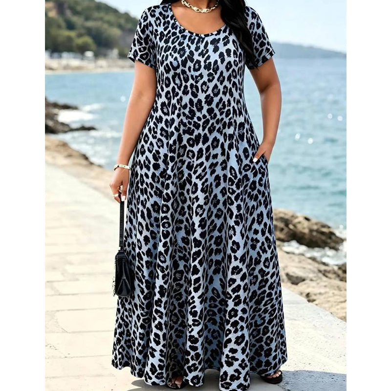 🐆 SCONTO DEL 50%! 👗 Abito lungo da donna con stampa leopardata e tasche, abito casual con maniche corte – Comodo